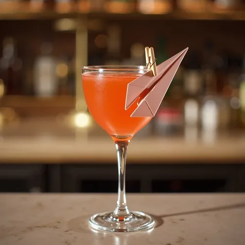 A vibrant orange-hued Paper Plane cocktail served in a coupe glass.